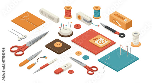 Sewing tools and accessories in isometric style for diy crafts and fashion design