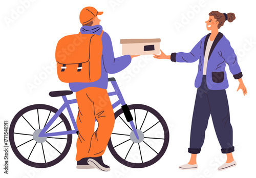 Bicycle courier delivered box of goods to woman. Food delivery. Deliveryman service. Express logistic. Postman carrying postal order to customer. Deliver driving bike. Vector concept