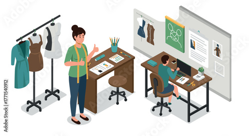 Fashion design studio scene with designers and workspace elements in isometric style