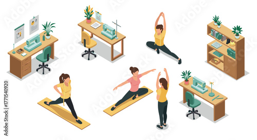 Remote work and fitness balance: isometric workspace and yoga routine concept