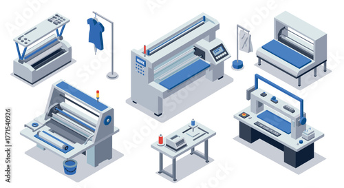 Isometric industrial textile printing machines with modern design elements
