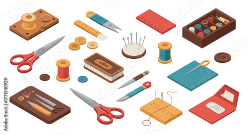 Sewing tools isometric design with scissors, needles, and thread spools