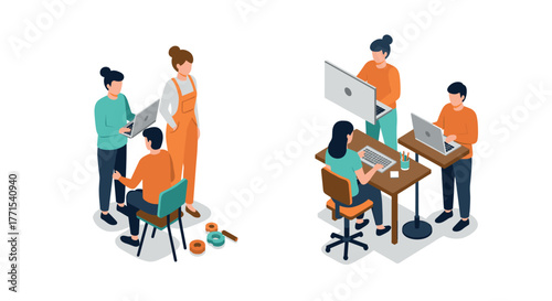 Isometric team collaboration in office and workshop settings