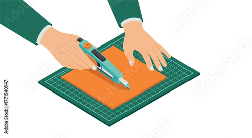 Precision crafting: hands using cutting tool on mat with orange paper for diy projects