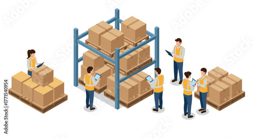 Warehouse team managing inventory with digital tablets in isometric style