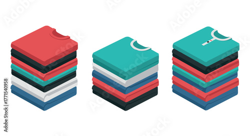Stacked t-shirts in isometric style with various colors and designs on white background