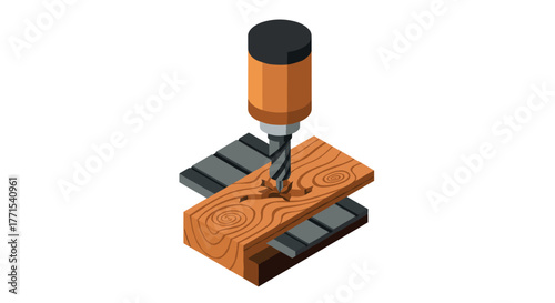 Isometric drill press with wooden plank and drill bit for carpentry