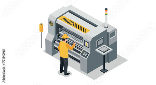 Isometric printing press operation by worker in yellow uniform