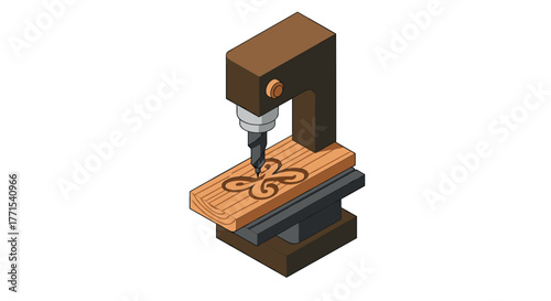 Isometric cnc machine carving intricate pattern on wooden plank