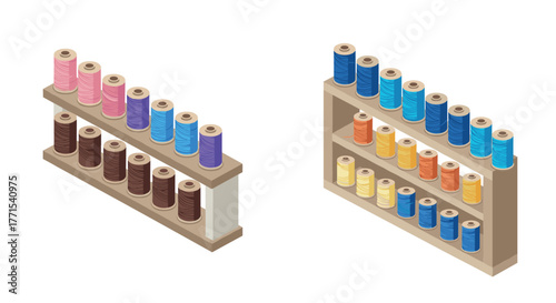 Isometric spools of thread on wooden shelves in pastel and bright colors