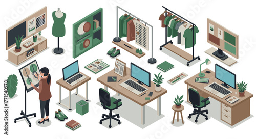 Cozy office and fashion corner in modern isometric design with plants and desks