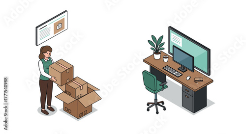 Efficient home workspace with organized boxes and modern desk setup