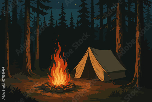 Camping adventure by the campfire in a forest at night relaxing scene nature serenity