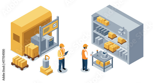 Modern isometric warehouse automation and inventory management
