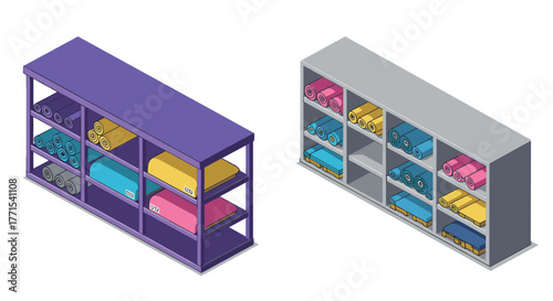 Colorful 3d isometric shelves with rolled towels in modern interior design
