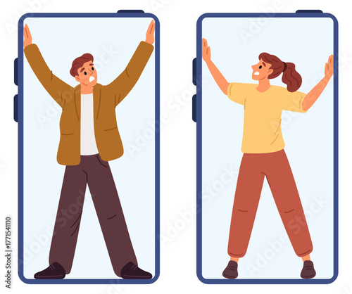 Man and woman trapped inside phone. Smartphone addiction. Social media user in cellphone screen prison. Dependence of internet surfing. Addicted people. Mental disrober. Vector concept