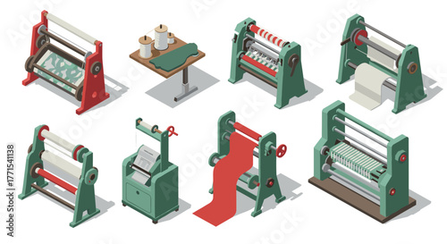 Isometric textile machines set for industrial fabric production and manufacturing
