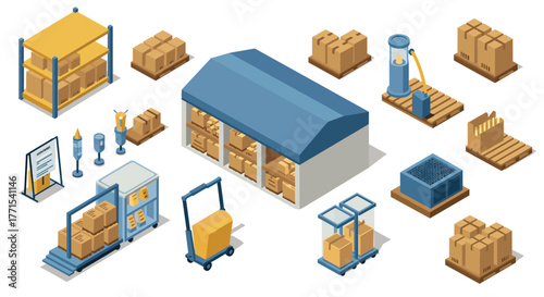 Isometric warehouse elements with boxes and equipment set for logistics planning