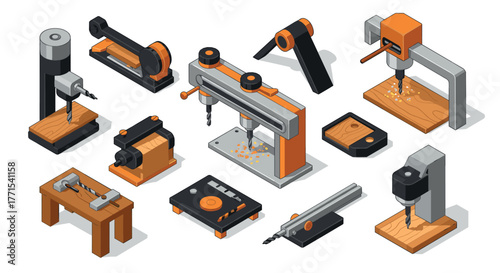 Isometric workshop tools set with drill presses and workbenches in orange and gray