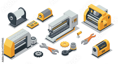 Isometric factory machine tools set for industrial design projects