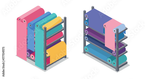 Colorful fabric rolls on shelves in isometric design for textile industry