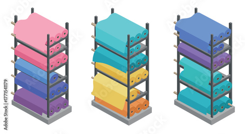 Colorful fabric rolls on storage shelves in isometric three-dimensional design