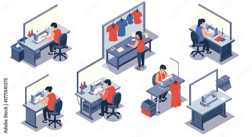 Obraz premium Isometric office and fashion workspace with sewing machines and designers