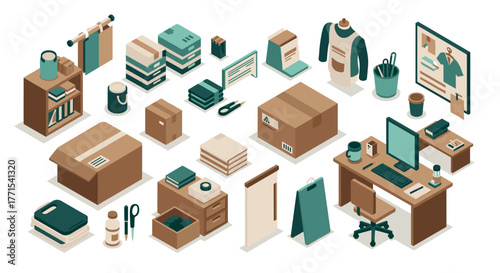 Isometric office supplies and storage elements on white background