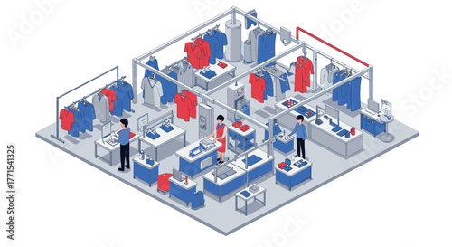 Modern isometric clothing store with customers and staff in blue and red tones
