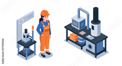 Isometric factory equipment and worker in orange overalls