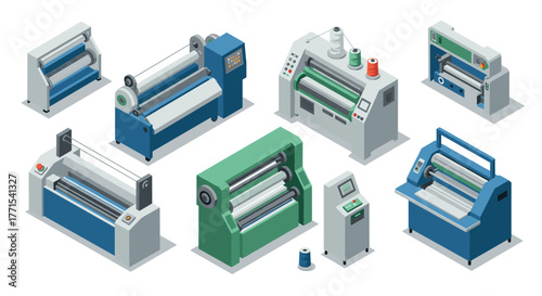 Isometric industrial textile machines collection for modern manufacturing design