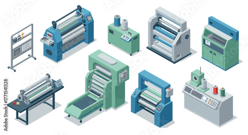 Industrial printing machines in isometric design for manufacturing and production insights