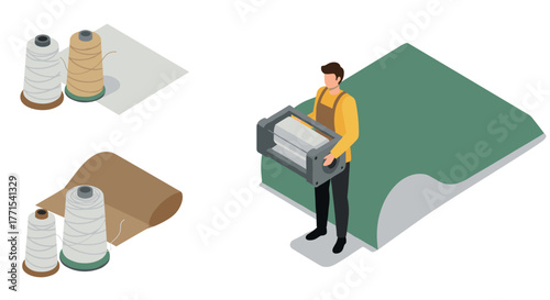 Isometric tailoring tools and textile design with thread spools and fabric printer