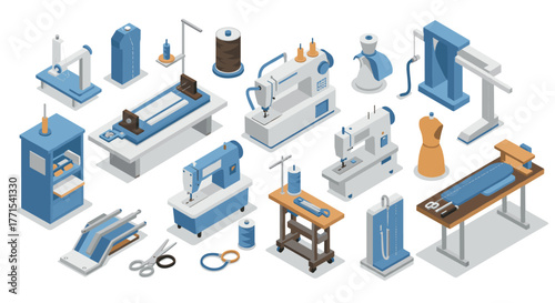Isometric sewing workshop tools and equipment for fashion design and tailoring