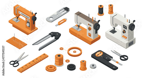 Isometric sewing machines and tools collection with accessories