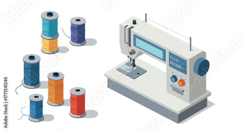 Isometric sewing machine with colored thread spools for diy and textile enthusiasts
