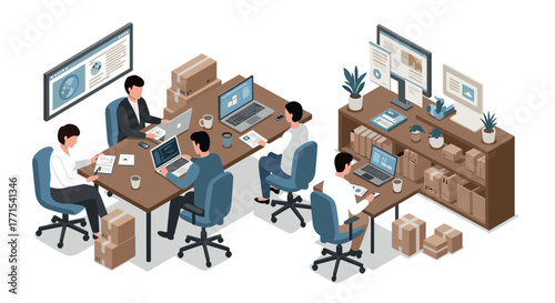 Modern office workspace with teamwork and technology in isometric design