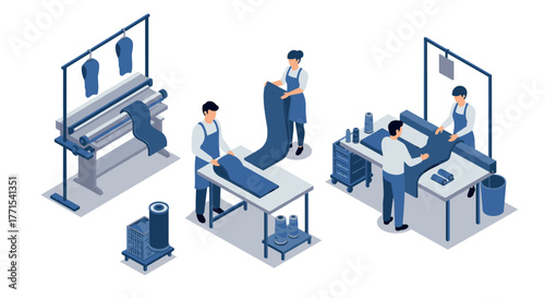 Isometric factory workers engaged in textile production process