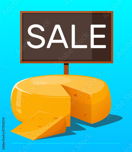 Large head of cheese with piece cut off and label is for sale. Dairy food. Gourmet product retail. Delicious snack. Cheddar or parmesan appetizer selling. Grocery discount. Vector concept
