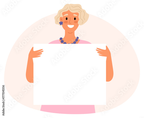 Joyful woman holds clean white poster for text. Female presenting square blank banner. Young happy activist showing rectangular billboard. Girl standing with empty placard. Vector concept