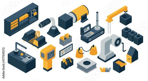 Isometric industrial robotics and automation equipment set in modern design