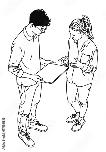 Detailed line drawing of a man and woman standing and looking at a document together.