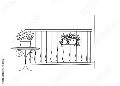 Line drawing of a balcony with potted plants and table  