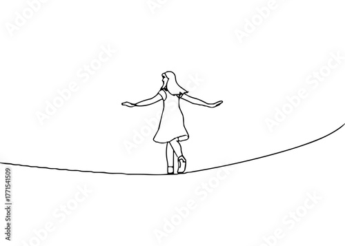 Young girl balancing on a tightrope in a minimalist line drawing  