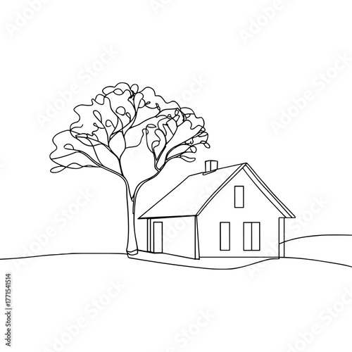 Line drawing of a house next to a tree on a hill  