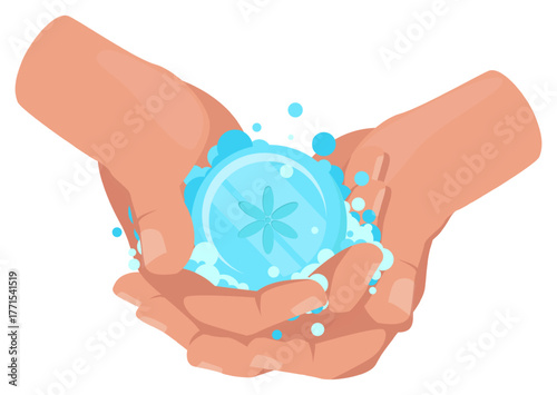 Human hands with soap bar. Personal hygiene against bacteria. Washing palms with foam and water. Antibacterial detergent. Arms antiseptic cleaning. Health care prevention. Vector concept