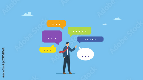 Confidence businessman talking with multiple speech bubbles. Verbal or oral communication skill, storytelling or explanation, public speaking, talking or discussion, telling message or speech.