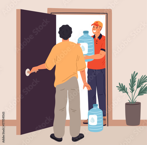 Home fresh water delivery service. Courier brought cooler bottles of clean drinking aqua to house door porch. Order shipping. Deliveryman carrying canisters to customer. Vector concept