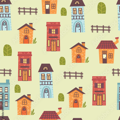 Charming illustration of a seamless pattern featuring colorful vintage buildings and small picket fences against a soft yellow background, perfect for creating whimsical designs