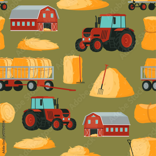 Haystacks and tractor. Farming seamless pattern. Harvester machinery. Agriculture barn for storing straw. Hayloft blocks and heaps. Bales of straw. Pitchforks and racks. Vector background